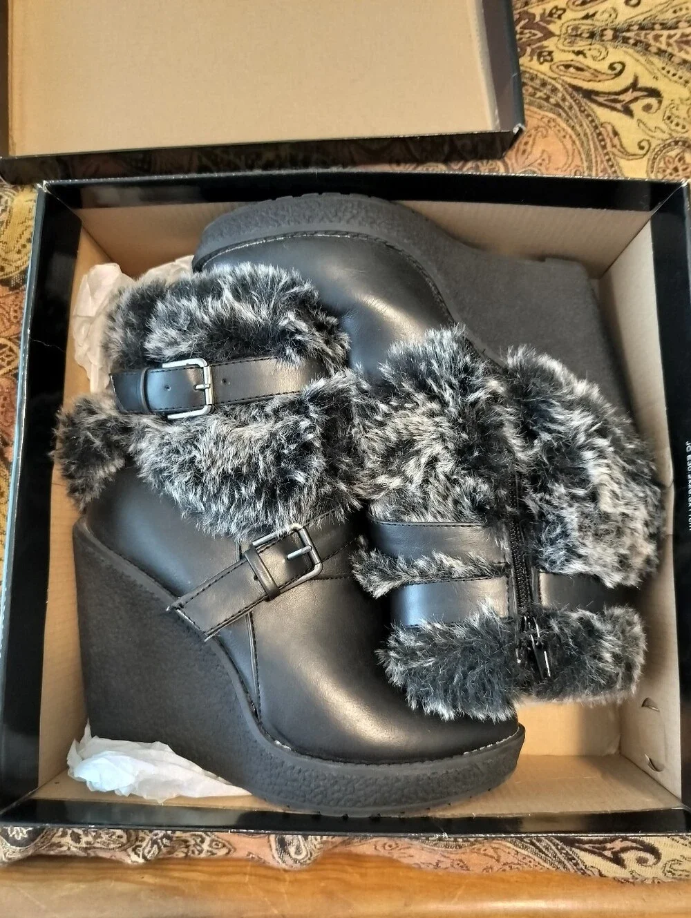 VTG Y2K Baby Phat Women's 7.5 Demaris Faux Fur Wedge Boots Black Like New OG Box